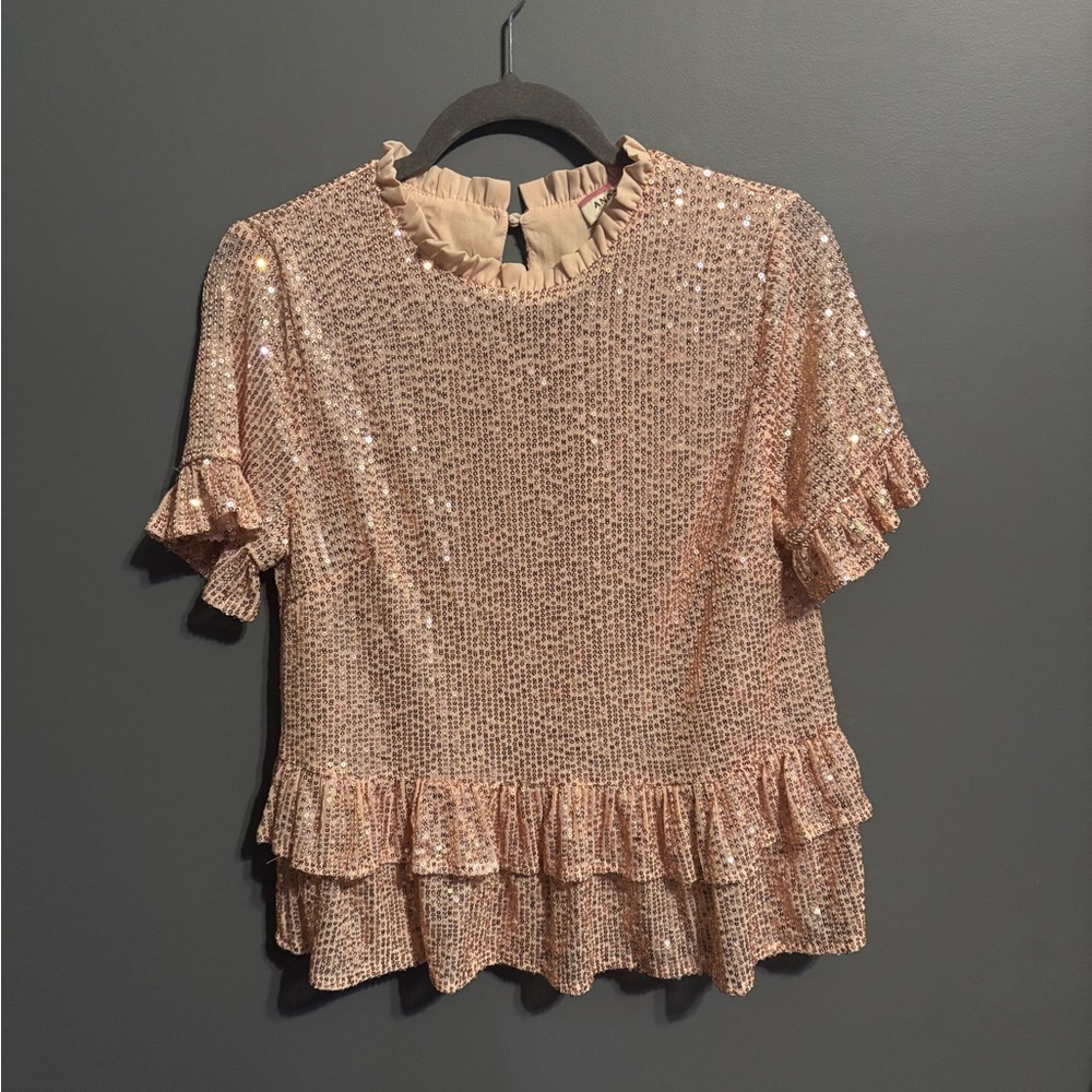 ANDREE BY UNIT Pink Flutter Sleeve Sequin Blouse